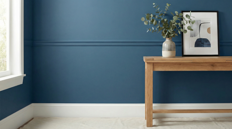 High quality interior painting example showing healing paint in a blue living room